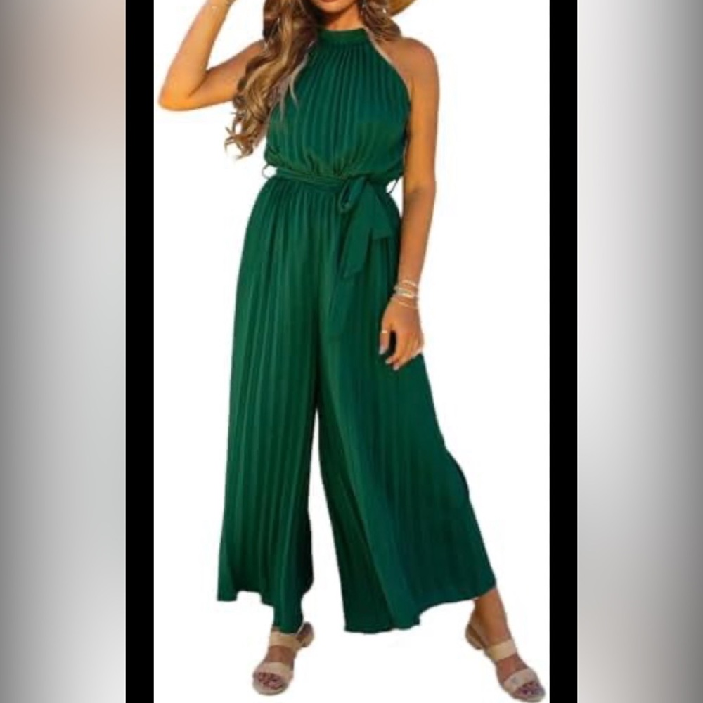 Happy Sailed Womens Halter Neck Pleated Jumpsuit Summer Sleeveless Tie Belt